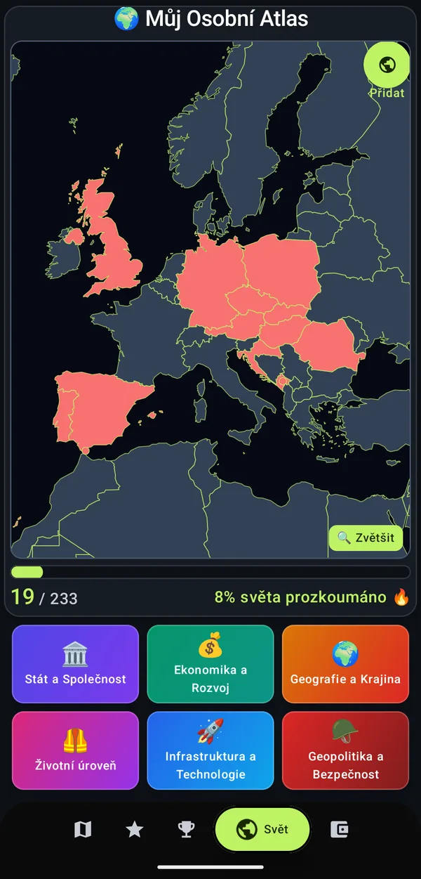 Blank map with visited countries: 19 of 233 countries, 8 % of the world