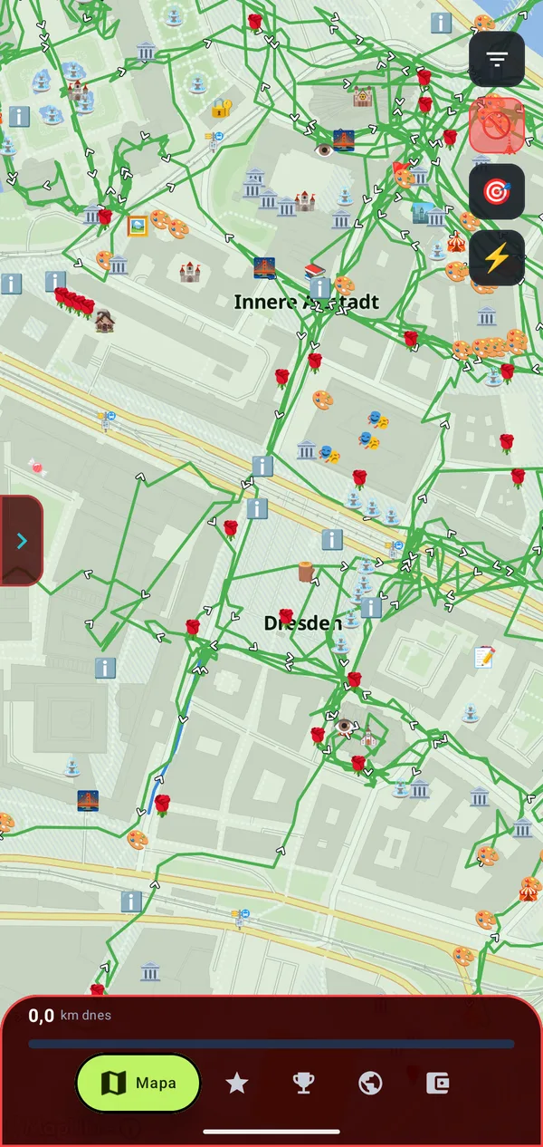 Map of Dresden with walking routes and icons of discovered places