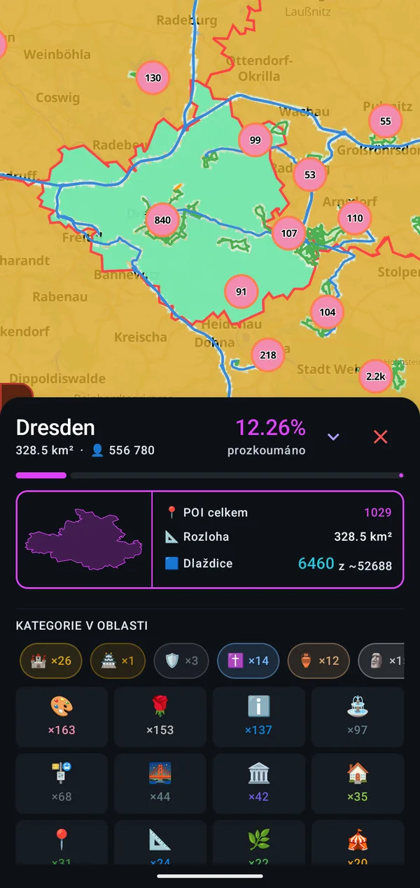 Dresden: 12.26 % explored, 1029 places, 6460 tiles